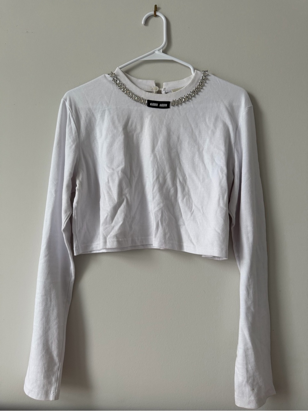 Miu Miu White Long-Sleeve Embellished Crop Top